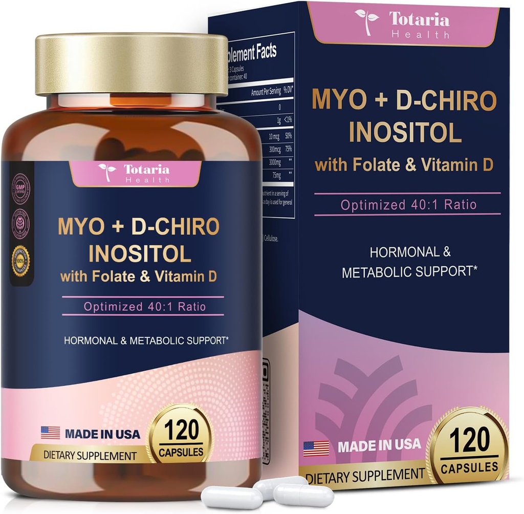 Totaria Inositol Supplement - 3075mg Myo-Inositol & D-Chiro Inositol Kapseln Plus Vitamin D3, Folat, Ideal 40:1 Ratio - Hormonal Balance für Frauen & Ovarian* Unterstützung | Vegan, Non GMO - 120 Caps