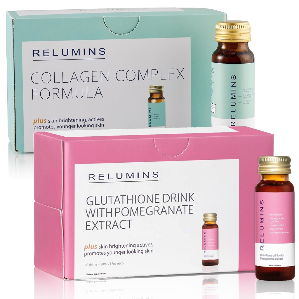Relumins Advance Rejuvenating Collagen Beauty Drink – Apple Flavor & Beauty Glutathion Drink – Pomégranate Flavor.