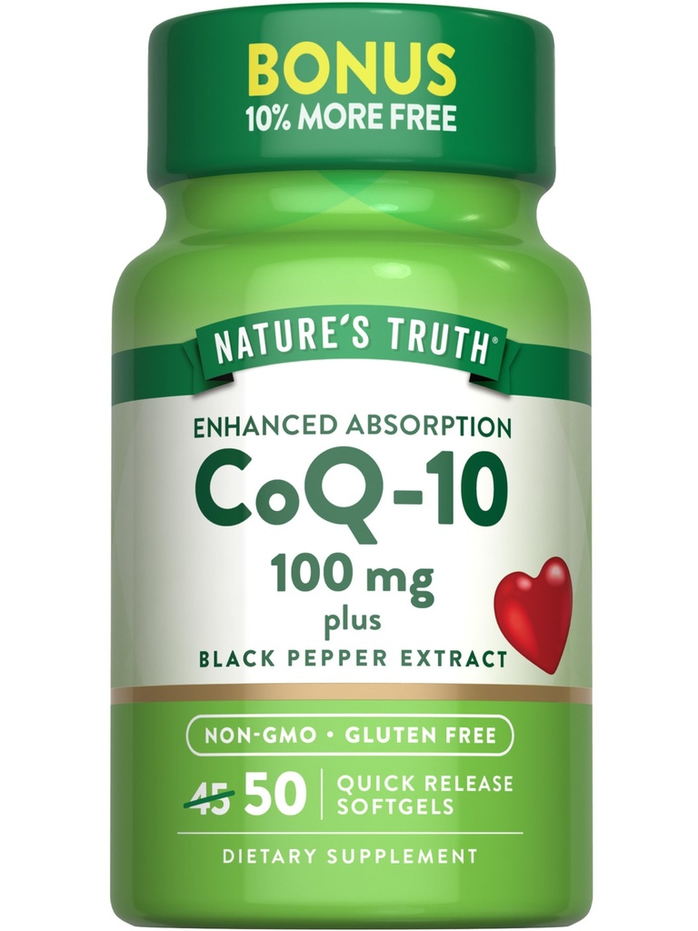 Nature's Truth CoQ10 100mg.50 Softgels Plus Extrait de poivre noir.
