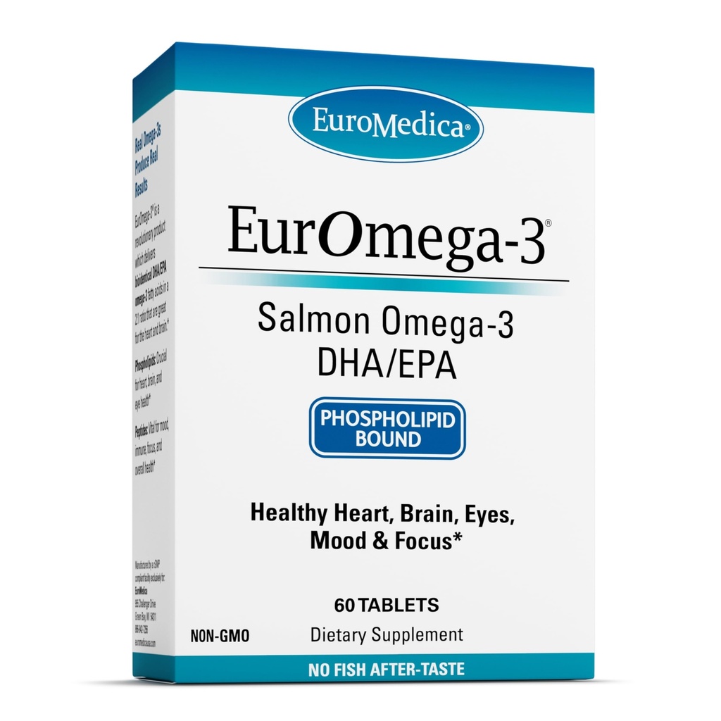 EuroMedica EurOmega-3 - Nahrungsergänzung mit EPA & DHA - Omega-3 Tabletten für Gehirn & Herz-Gesundheitsunterstützung - Nahrungsergänzung mit essentiellen Fettsäuren & Peptide - 60 Tabletten