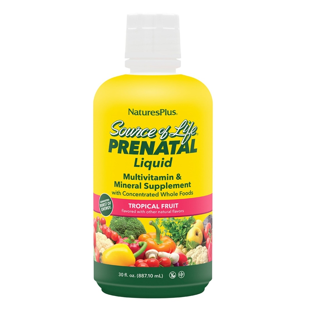Natures Plus Source de vie Fruits liquides et tropicaux prénatals - 30 fl oz - Multivitamines et suppléments minéraux - Soutien nutritionnel pendant la grossesse - Sans gluten, végétarien - 30 portions