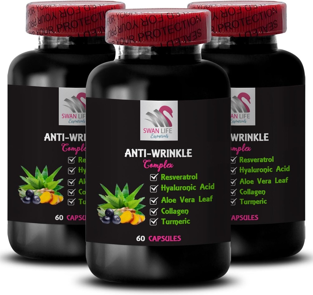 Alpha Lipoic Acid - Anti-Wrinkle Complex - L-Glutathione, Aloe Vera, Collagen Support, Green Coffee Bean, Lycopin, Turmeric, Grape Seed, Hydration Boost, Haut Firming, glatte Textur 3Bot 180Caps