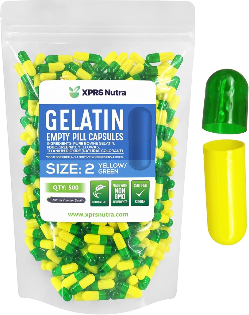 XPRS Nutra Größe 2 Leere Kapseln - 500 Graf Leere Gelatine Kapseln - Pillen DIY Kapsel Füllung - Pure Bovine Pill Gel Kapseln für Do-It-Yourself Ergänzungen (Green/Yellow)