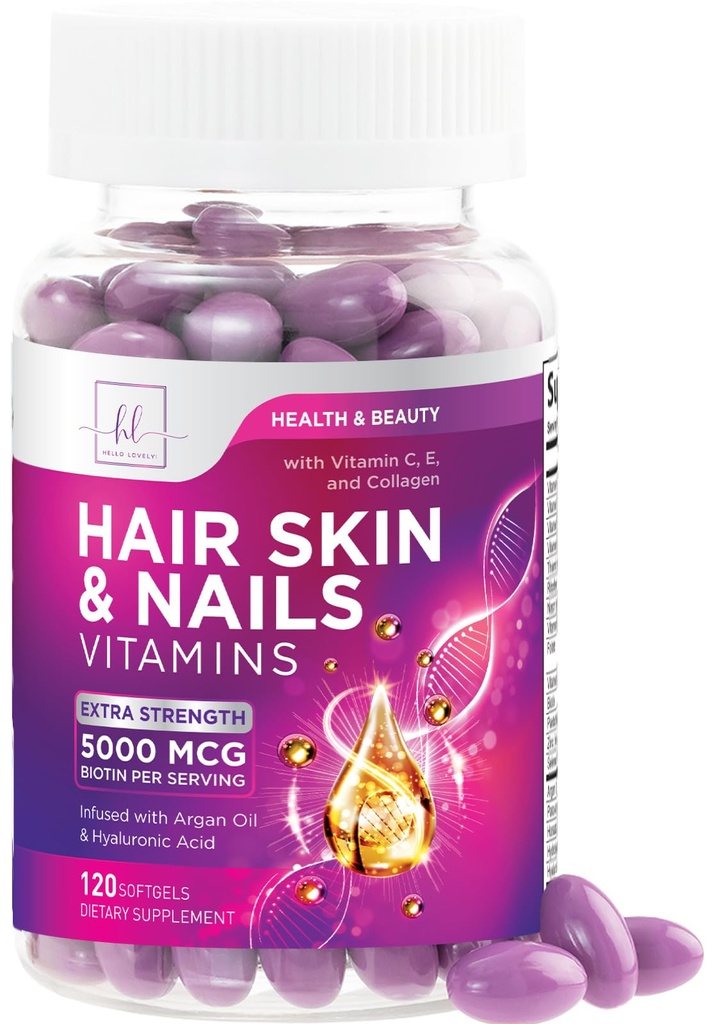 Vitamines pour les cheveux, la peau et les ongles pour les femmes - Biotin 5000mcg pour soutenir la croissance des cheveux avec huile d'argan, collagène et acide hyaluronique, belle peau, plus forte, cheveux et ongles supplément vitamine - 120 Softgels