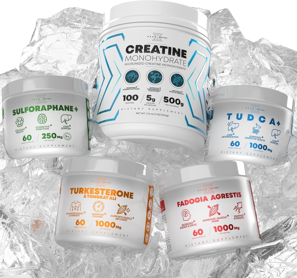 Bundle - Turkesterone & Tongkat Ali + Fadogia Agrestis + Creatine + Sulforaphane + TUDCA - Boost Stamina, Muskelwachstum, Lebergesundheit, Kognitive Funktion & Detox - Made in USA