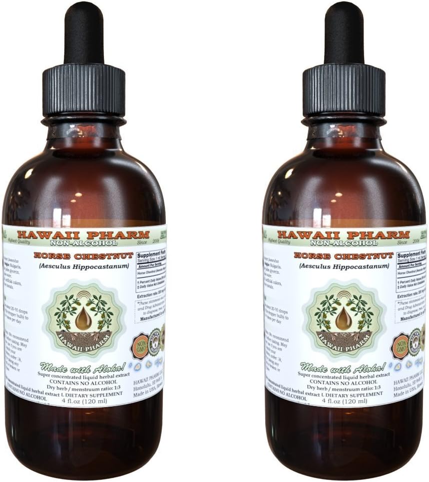 Châtaigne de cheval Extrait liquide sans alcool, Châtaigne de cheval biologique (Aesculus hippocastanum) Noix séchée Glycérite Hawaii Pharm supplément naturel à base de plantes 2x4 oz