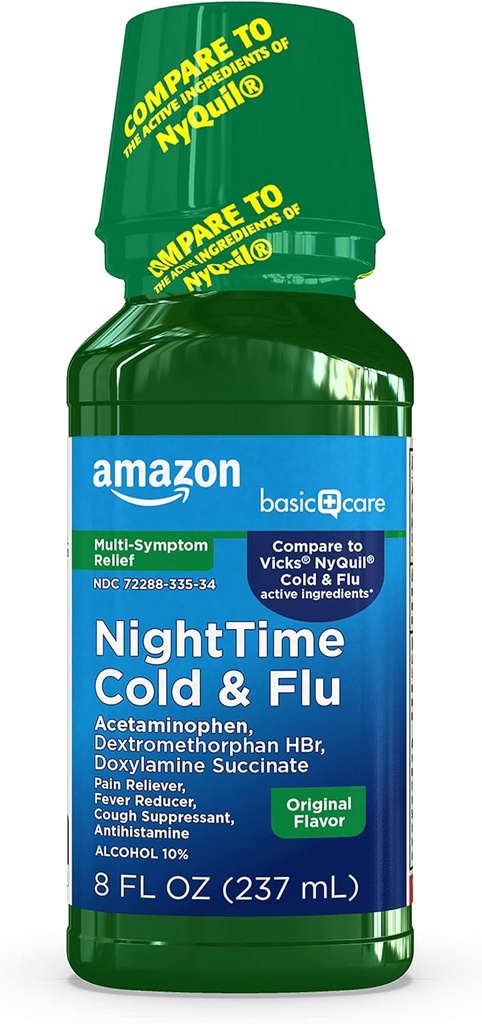 Basic Care Nighttime Cold & Flu Relief, Schmerzrelief, Fever Reducer, Cough Suppressant & Antihistamine Liquid, Original Flavor, 8 fl oz (Pack von 1)