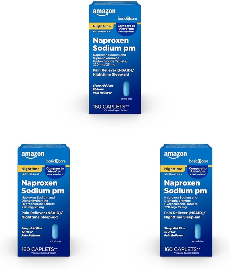 Soins de base All Night Pain Relief PM, Naproxen Sodium, 220 mg/Diphénhydramine Hydrochloride, 25 mg Comprimés, Pain Reliever/Nighttime Sleep-Aid, 160 Nombre (paquet de 3)