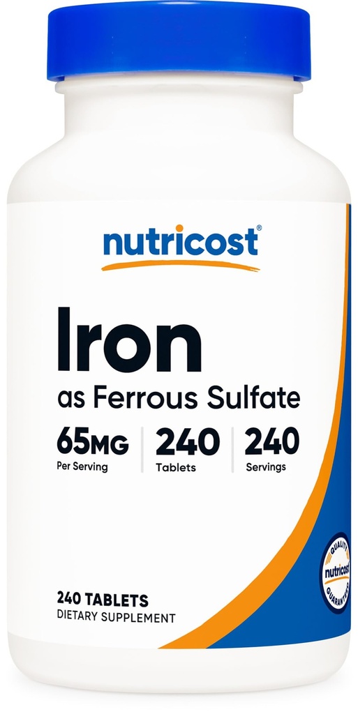 Fer Nutricost (sous forme de sulfate ferreux) 65mg, 240 comprimés - non-OGM, sans gluten
