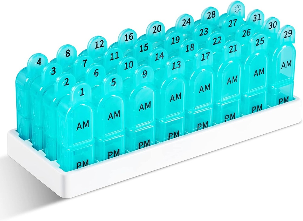 Daviky Monthly Pill Organizer 2 fois par jour, 30 jours Pill Box AM PM avec contenant séparé, un mois de médicament cas deux fois par jour pour tenir les vitamines, suppléments et médicaments (Cyan)