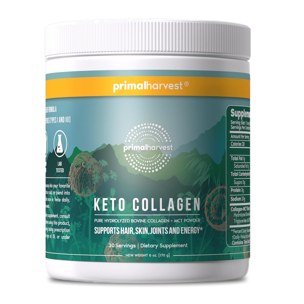 Primal Harvest Keto Collagen Powder w/MCT Öl Typ I & III Collagen Peptide für Frauen und Männer 30 Servierungen