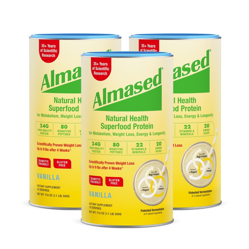 Almased Vanille Meal Ersatz Shake - Low-Glycemic High Plant Base Protein Powder- Nutritional Weight Health Support Supplement - Vanilla Flavor - 17.6 Unze (1.1 Pfund (3 Pack)