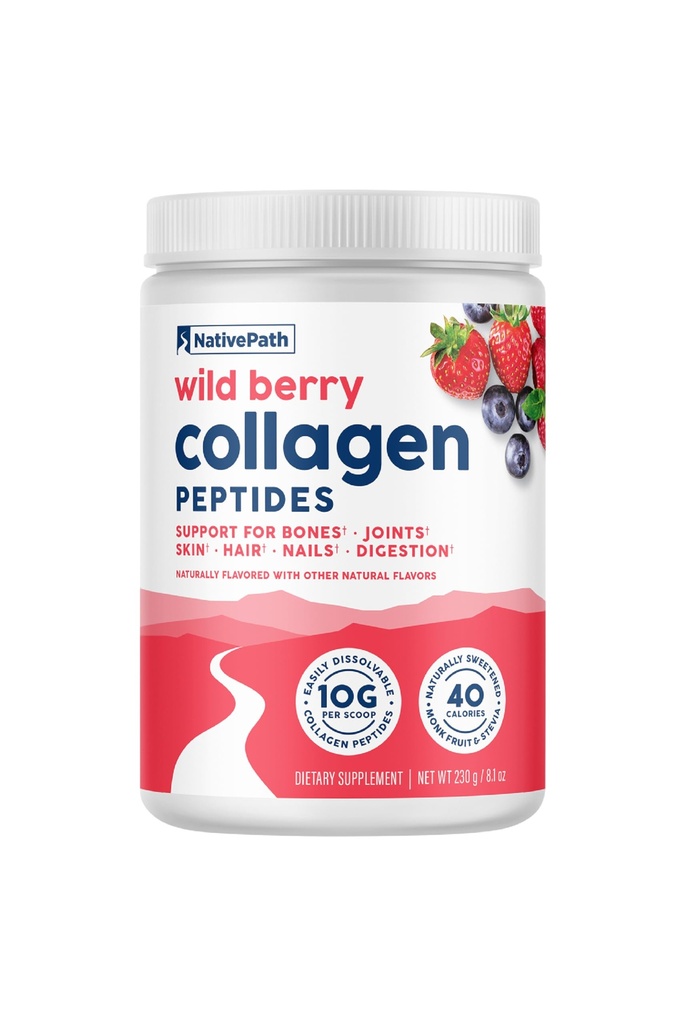 NativePath Collagen Peptides - Collagène hydrolysé de type 1 et 3. Poudre de protéines pour cheveux, peau, ongles, os, articulations, digestion et plus - Pas de gluten ou de lait (Berry sauvage, 230g)