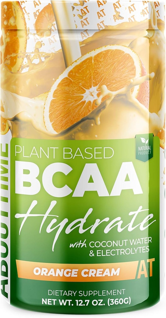 About Time BCAA Hydration Powder Orange Cream, with L-Glutamine & Electrolytes, Non-GMO, Gluten Free, Monk Fruit, Coconut Water, 20 Servings