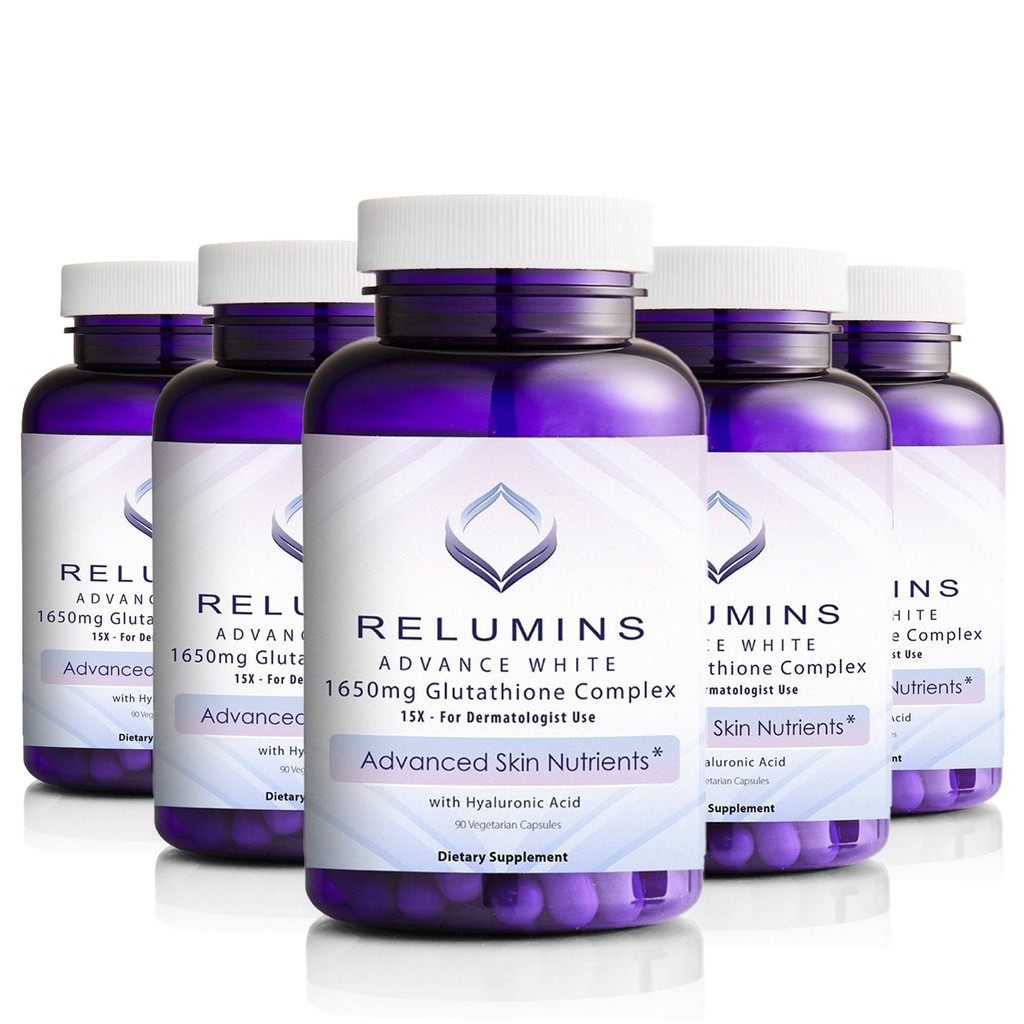Relumins L-Glutathion Complex 1650mg - Support antioxydant avec acide alpha lipoïque, NAC, L-méthionine, vitamine E, supplément de santé de la peau, fabriqué aux États-Unis - 90 Capsules végétariennes x 5 bouteilles