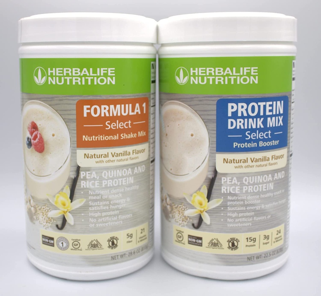 Herbalife DUO: Formule 1 Select (arôme de vanille naturelle 810g) et mélange de boissons protéiques 638g), repas ou snack sains et nutritifs, pas d'édulcorants artificiels, emballage sans gluten de 2