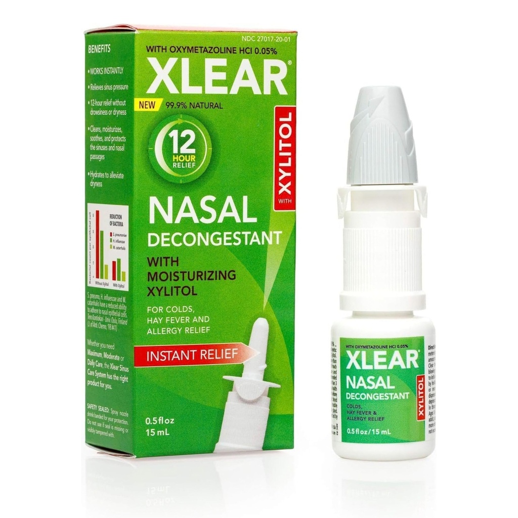 Xlear 12-Hour Nasal Decongestant Spray, Natürliches Saline-Nasalspray mit Xylitol und Oxymetazolin, Instant Sinus Druck und Stau Relief für Kinder und Erwachsene 0.5 fl oz (Pack von 1)