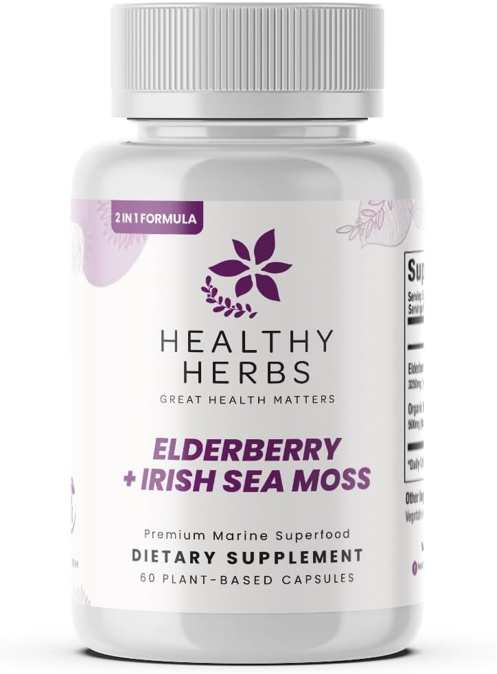 Healthy Herbs Wildcrafted Elderberry Sea Moss Capsules | 2600mg Irish Sea Moss + Elderberry Essentials Blend | US-Made, Vegan, Non-GMO, Easy-Swallow (60 Kapseln)