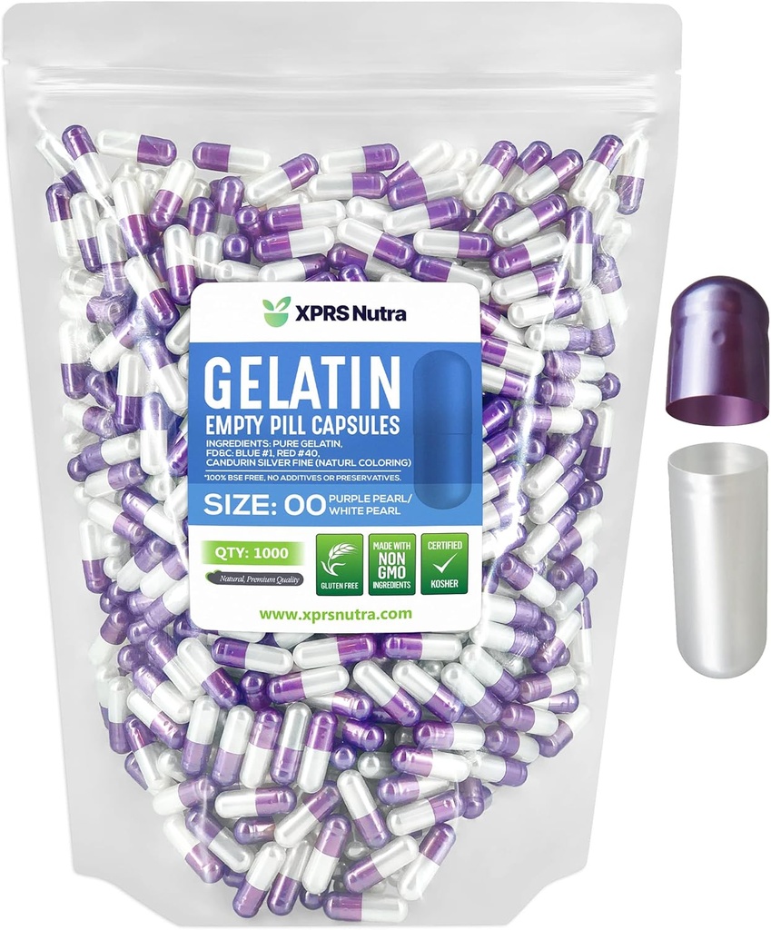 XPRS Nutra Size 00 Capsules vides - 1000 Capsules de gélatine vides - Pills Bricolage Capsule Remplissage - Gel de pilules rechargeables pour suppléments de bricolage (Pearl Purple/White)