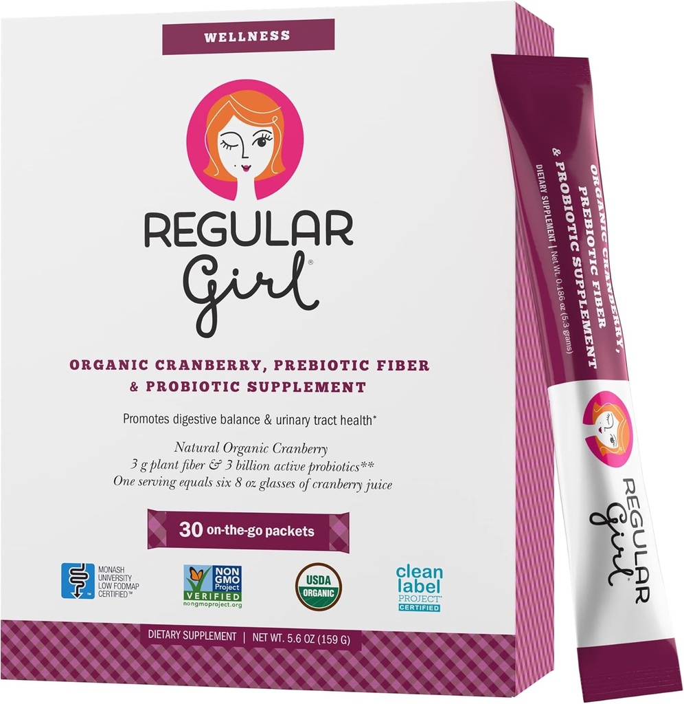 Bien-être régulier des filles - Cranberry biologique, supplément prébiotique fibre et probiotique, 30 portions