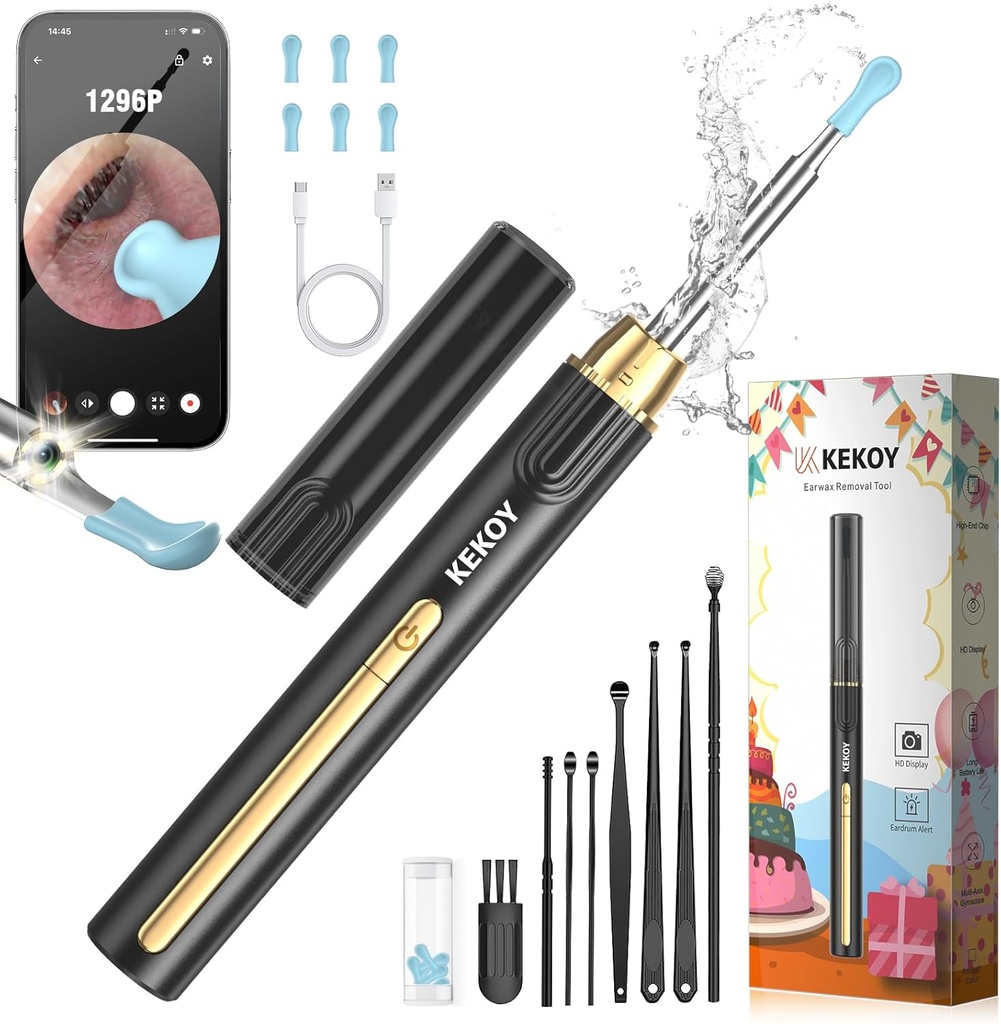 Kekoy Ear Cleaner mit Kamera für Weihnachten, 1296P HD Ear Wax Removal Tool Kamera, WiFi Otoscope mit Licht für Ohr Reinigung, Ohr Endoskop für iOS & Android, mit 8 Stück Ohr Set (Gold)