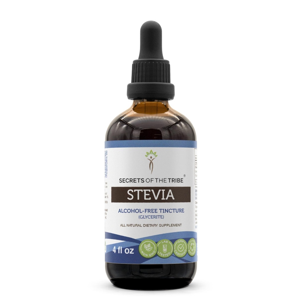 Geheimnisse der Tribe Stevia Alkoholfreie Tinktur (Glycerite) 653 mg Hergestellt mit Stevia (Stevia Rebaudiana) Getrocknete Blatt (4 Fl Oz) Blutzuckerergänzung