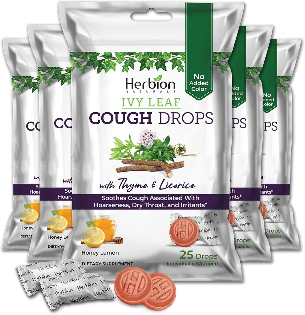 HERBION Naturals Ivy Blatt Cough Drops mit Thyme & Licorice, Honey Lemon Flavor, Soothes Cough, für Erwachsene & Kinder über 6 Jahre, 125 Count, Pack von 5