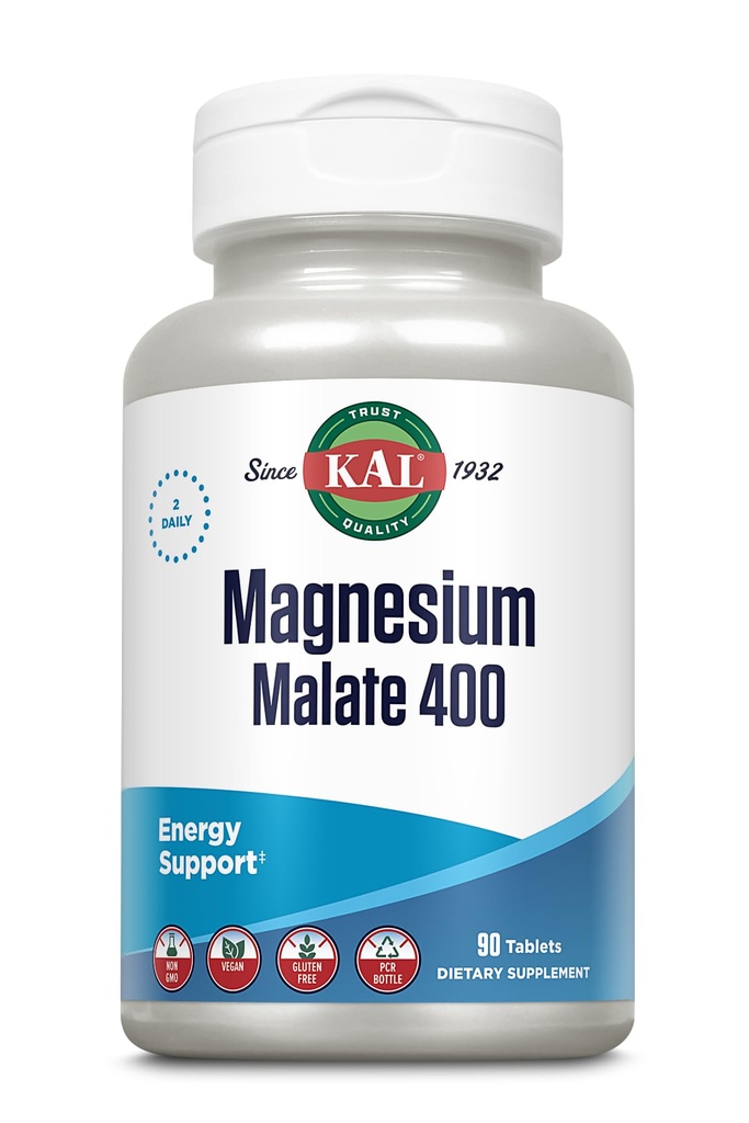 KAL Magnesium Malat 400mg, Chelat Magnesiumergänzung mit Malsäure, Gesunde Energie & Muskel-Funktion Unterstützung, Enhanced Absorption, Vegan, Non-GMO, 45 Servierungen, 90 Veg Tabs