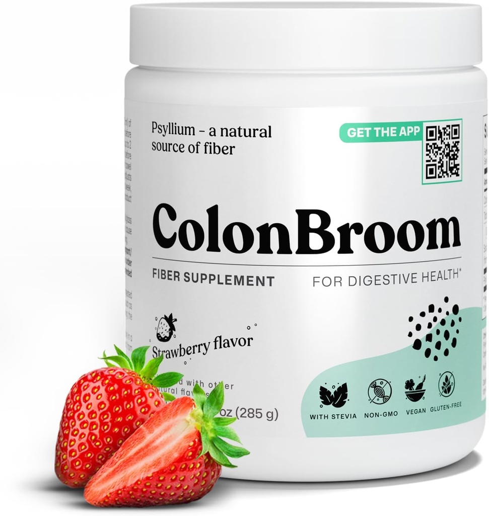 ColonBroom Psyllium Husk Pulver (Strawberry) - Colon Cleanse for Bloating Relief & Gut Health - Colon Broom Fiber Powder Drink - Vegan, Glutenfrei, Non-GMO Fiber Powder Supplement, 50 Portionen