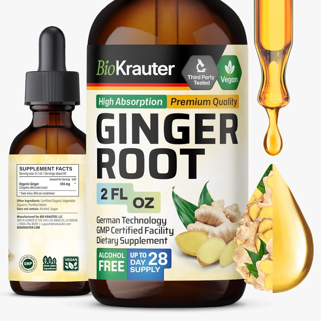 Extrait de racine de gingembre BIO KRAUTER - Suppléments naturels de gingembre pour le bien-être général - Sans alcool et sans sucre - gouttes de végétalien 2 Fl.Oz.