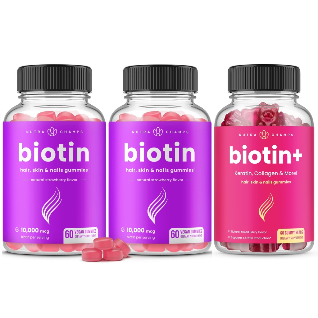 NutraChamps Complete Biotin Bundle for Hair, Skin & Nails. 2 Pack Biotin &amp; Biotin+