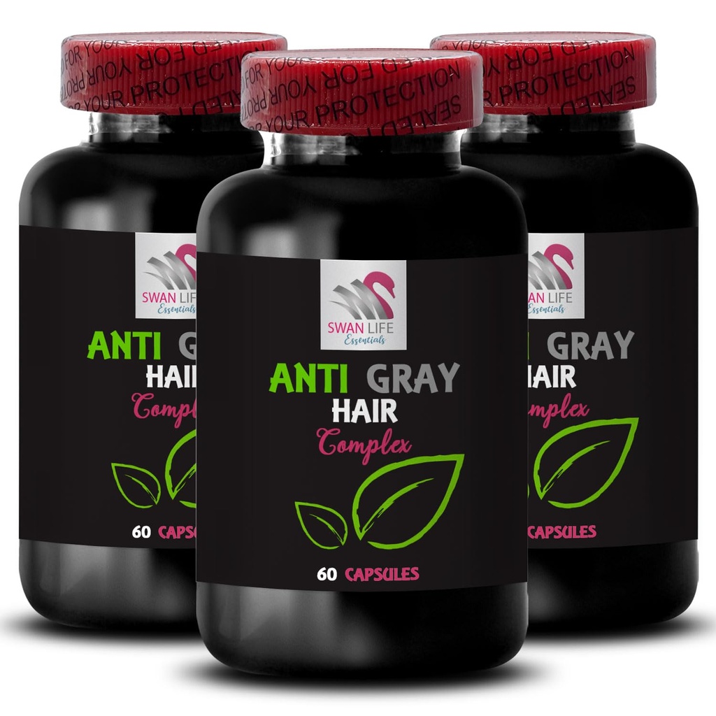 Capsule de cheveux anti-gris - ANTI GRAY HAIR COMPLEX - Couleur vive, Solution de cheveux gris, Rééveil de la couleur, Tonalité naturelle, Revivification pigmentaire des cheveux, Ton fraîche, Soutien cheveux gris 3 bouteilles 180 Capsules