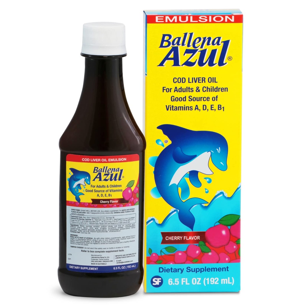 Ballena Azul Aceite de Hígado de Bacalao para Adultos y Niños, COD Liver Oil for Adults and Children, Good Source of Vitamins A,D,E, B1, Nahrungsergänzung, Omega 3