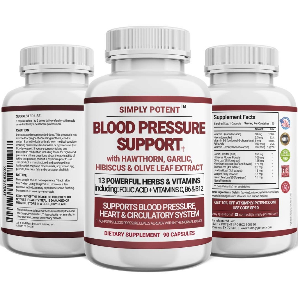 Blutdruck-Supplements - Gesundes Herz, Cholesterin, Cardio, Hypertension, High BP - 13 Vitamine & Kräuter - Folsäure, Vitamine C B6 & B12, Hawthorn Olive Leaf Knoblauch Hibiscus, 90 Kapseln