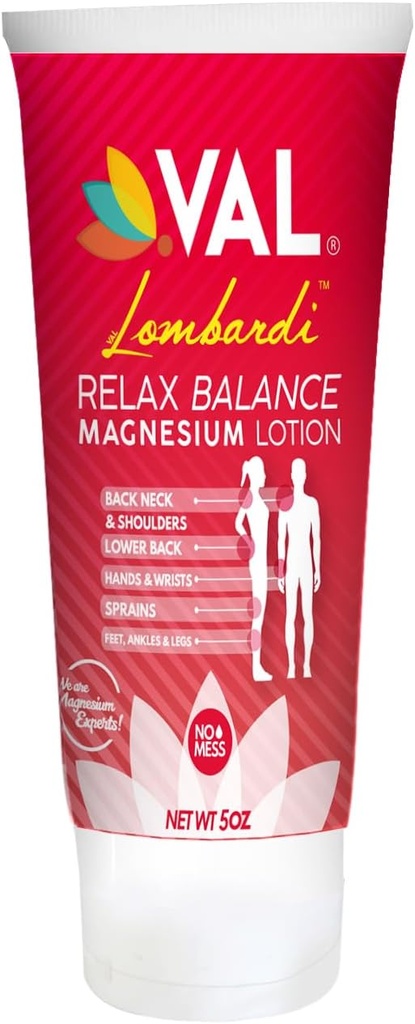 VAL Lombardi Relax Balance Magnesium Lotion | Arnica, Camphor & Menthol | Fast Relief für Gelenke, Muskeln, Rücken, Schultern, Füße | Non-Greasy | 5oz