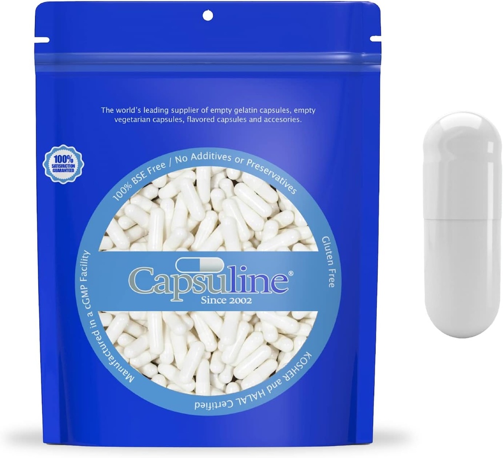 Capsuline Größe 000 - Farbige weiße leere Gelatine Kapseln - 10000 Graf - Leere Gel Pillen Kapseln - DIY reine Bovine Pille Füllung - Leere Kapseln - Kosher und Halal zertifiziert - Nicht-GMO zertifiziert