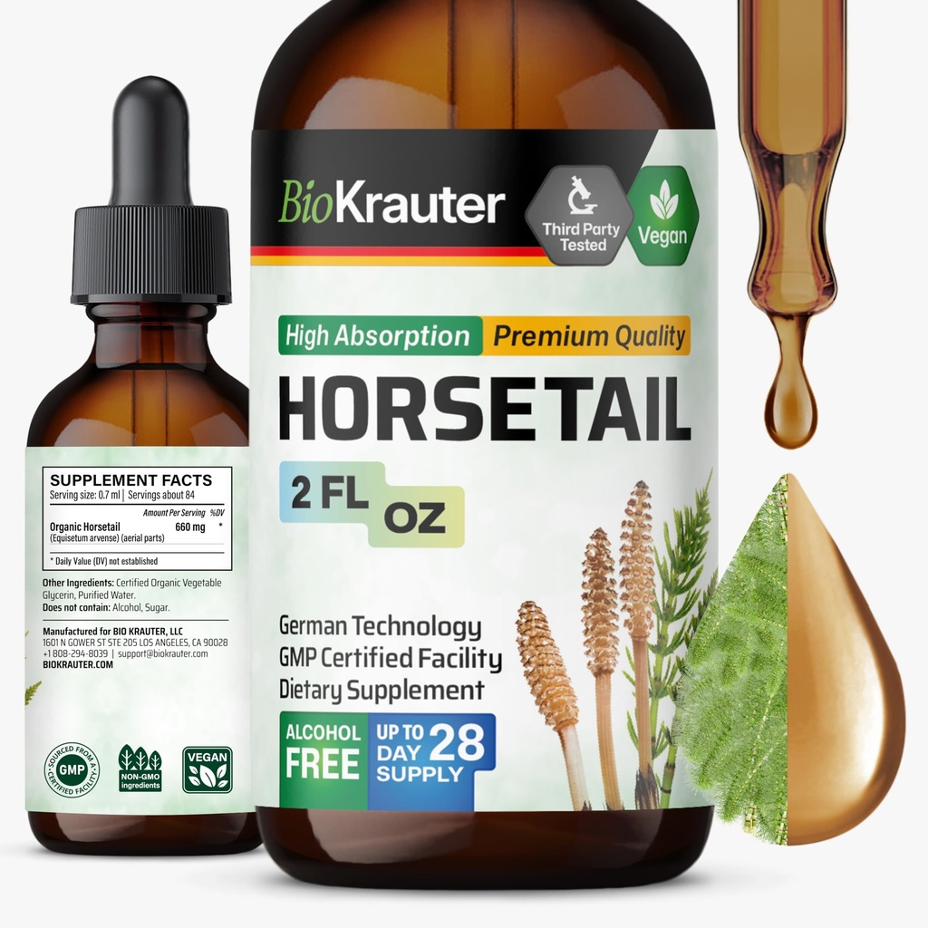 BIO KRAUTER Pferdeschwanz Tinktur - Pferdeschwanz Kräuter für Haarunterstützung - Reine Inhaltsstoffe - Alkohol und Zuckerfreie vegane Tropfen 2 Fl.Oz.