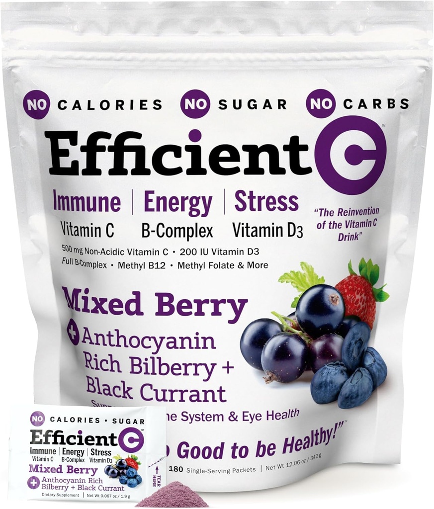 ANDREW LESSMAN Efficient C Mixed Berry 90 Packets - Immun-, Energie-, Stress- und Augengesundheitsunterstützung. Wiederfindung des Vitamin C Getränks. Keine Kalorien. Kein Zucker. Keine Carbs. Einfach zu mischen.