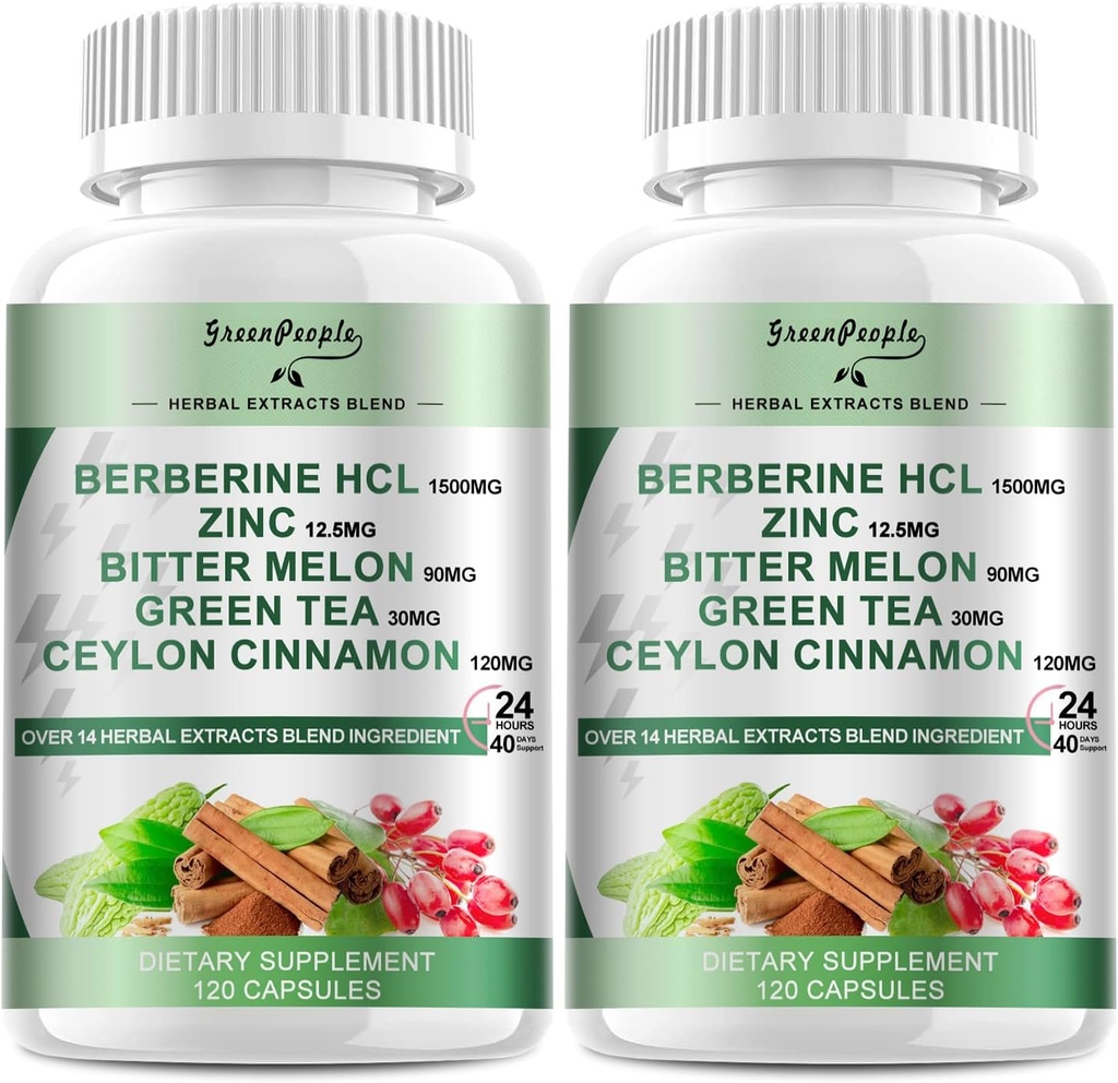 GREENPEOPLE Berberine Ergänzung mit Ceylon Cinnamon - 120 Graf Berberine 1500mg Berberine HCL Kapseln mit Bitter Melon/Artichoke Extrakte & natürliche Kräuter für Immununterstützung 2 Pack