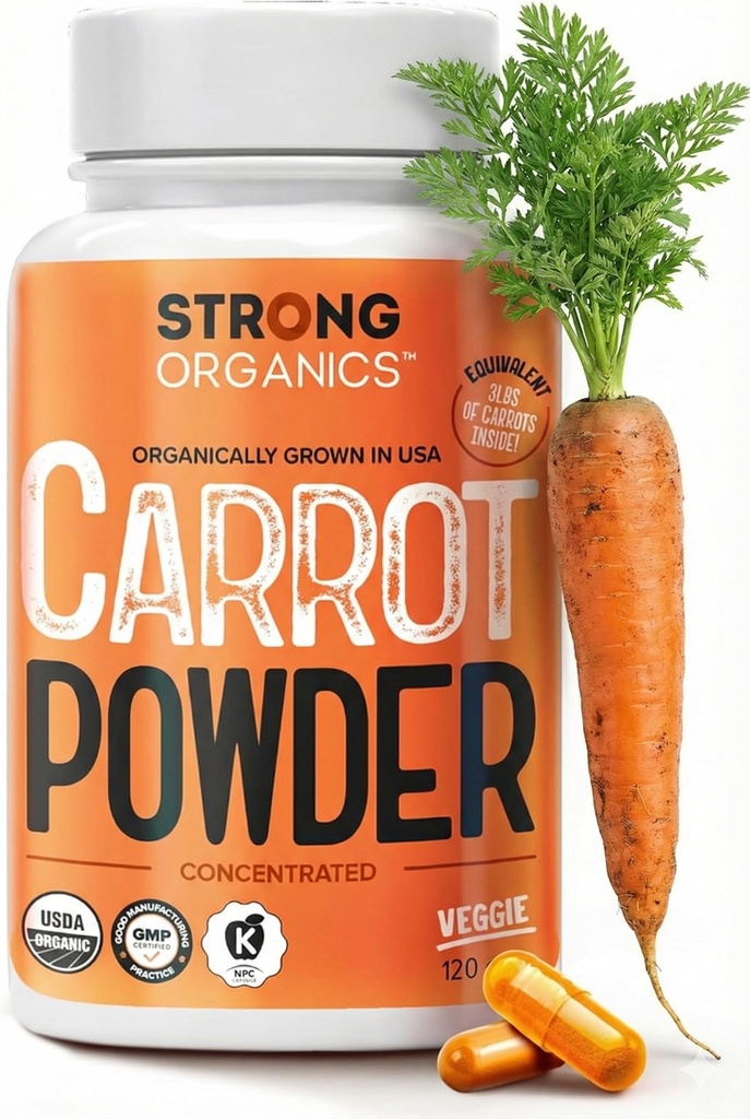 USDA Capsules de poudre de carottes biologiques (120), cultivés aux États-Unis, support pour les yeux, bêta-carotène, vitamine A, caroténoïdes, antioxydants, 106°F Max, végétalien, Kosher-2 mois