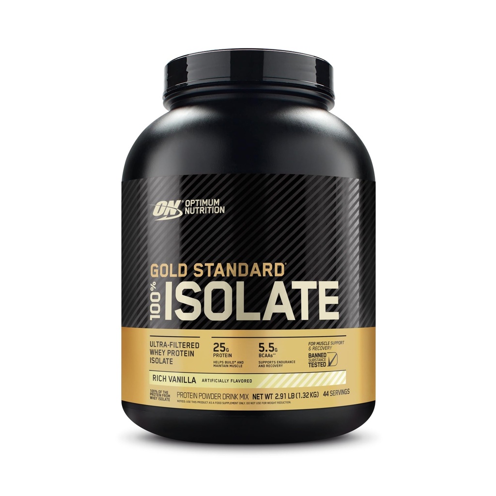 Optimum Nutrition Or Standard 100 % isolat, poudre de protéines, vanille riche, 2,91 livres, 44 portions. Isolation des protéines de lactosérum (paquetage mai Vary)