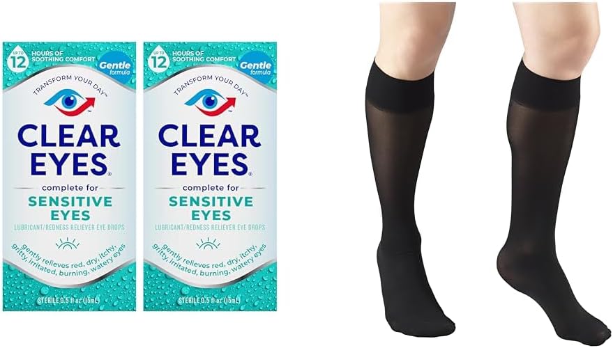 Klare Augen Sensitive Augentropfen 2 Pack & Truform Sheer Kompressionsstrümpfe Frauen Knie High 20 Denier Schwarz Medium
