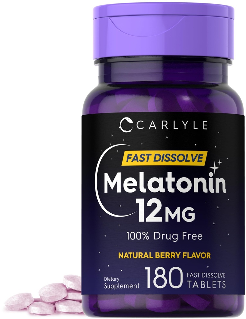 Carlyle Melatonin 12 mg Fast Dissolve 180 Tabletten | Drug Free | Natural Berry Flavor | Vegetarisch, Nicht-GVO, Glutenfrei