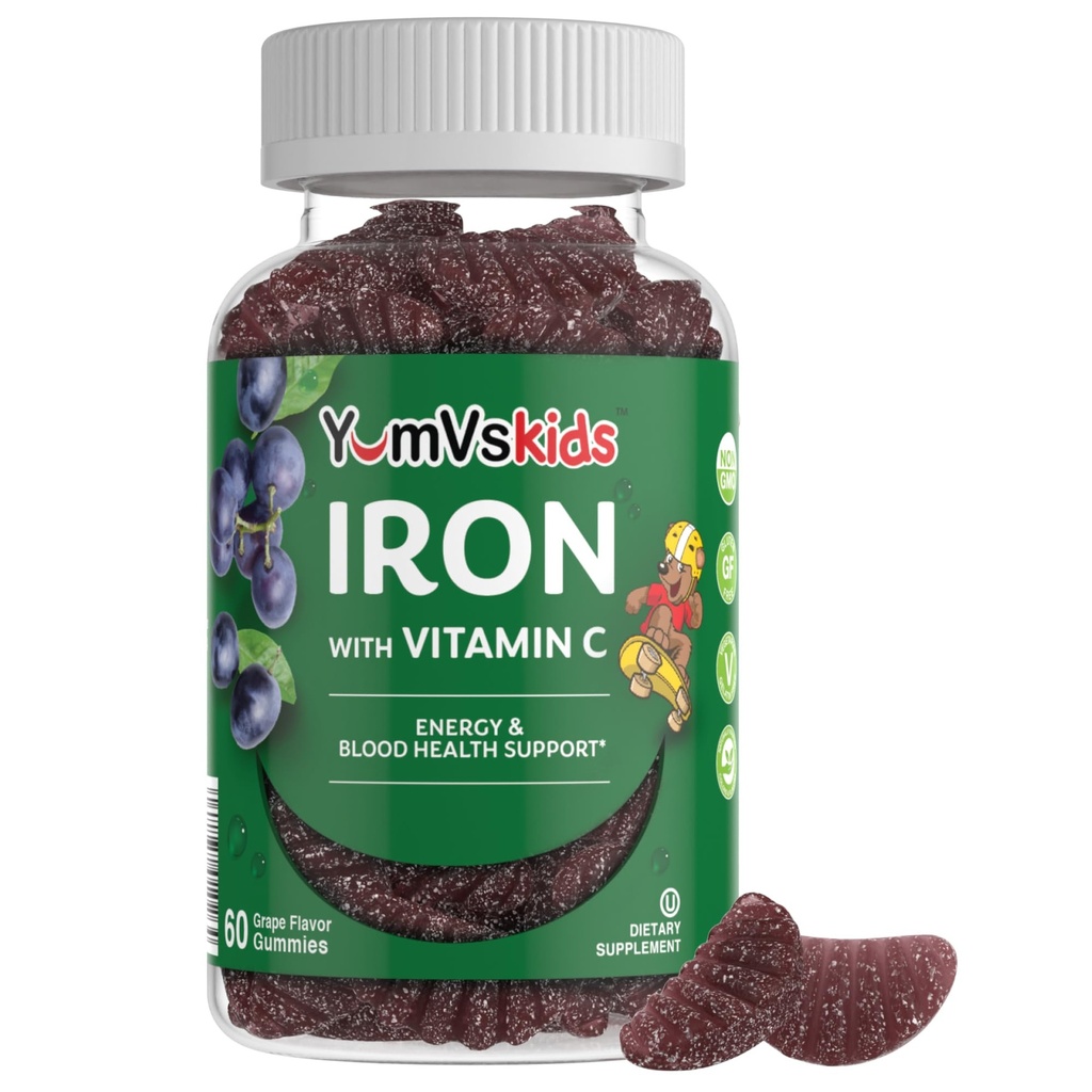 Supplément en fer pour les enfants – 5 mg Gummies pour les enfants avec vitamine C – Gummies à la crème de raisin – Soutient la santé immunitaire et aide à la carence en fer – Vegan, Kosher, non-OGM – 60 Compte