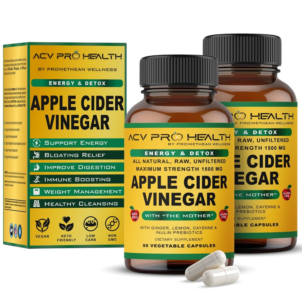 2-Pack ACV Pro Capsules de vinaigre de cidre de pomme certifié biologique avec les pilules mère de vinaigre de cidre de pomme Nettoyer l'acide Reflux Relief Supplément de soutien Ginger Root Cayenne Pepper Powder