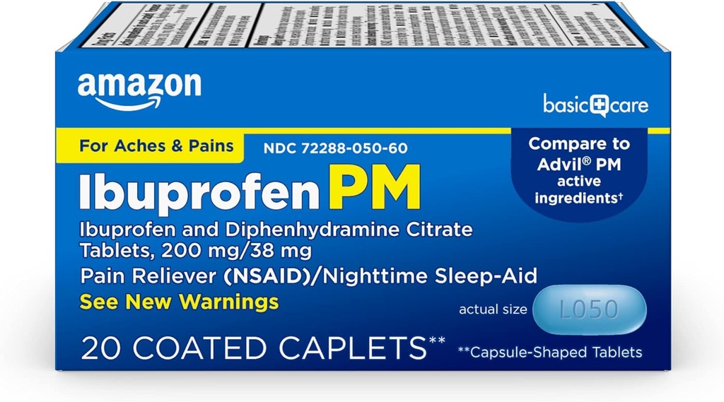 Basic Care Ibuprofen PM, Ibuprofen 200 mg und Diphenhydramin Citrat 38 mg Tabletten, Schmerzrelief und Nacht Schlaf-Aid, 20 Zähler