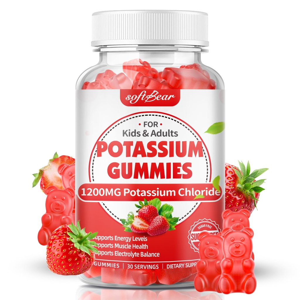 softbear Kalium Gummi für Erwachsene, Zucker freie Kalium Chloride Gummi 1200mg Unterstützung Beine Kramps & Elektrolyt Balance hohe Potenz Kaliumergänzung, Erdbeer Flavor 60 Count