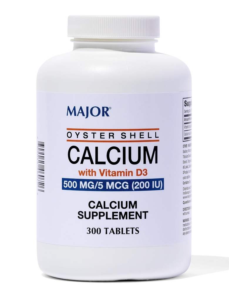 Major Oyster Shell Calcium mit Vitamin D3 500 mg / 5 mcg (200 IU) - Tägliche Calciumergänzung - 300 Tabletten (1 Packung)
