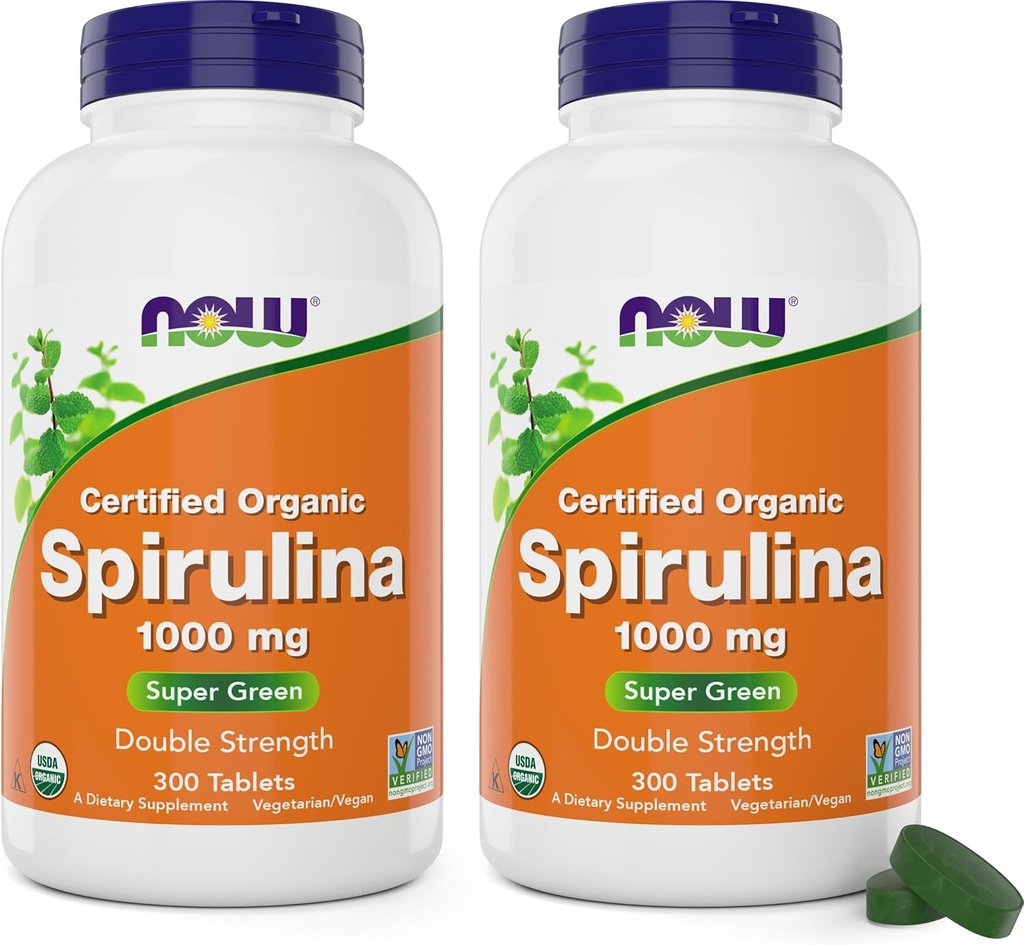 NOW Foods Organic Spirulina 1000mg Tablets - 300 Count (Pack von 2) - Non-GMO, Super Green Whole Food Supplement - Double Strength 1000 mg - Natürlich heben Beta-Carotene (VIT A), B-12 und GLA