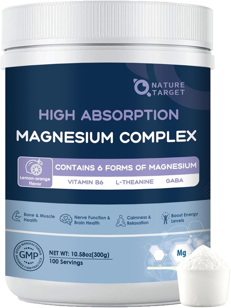 NATURE TARGET Magnesium Powder Supplement with Glycinate, Citrate, Malate, Magnesium Complex with L-Theanine & Vitamin B6 for Muscle, Heart & Brain, Vegan, 10.58 oz (100 Servings), Lemon Orange Flavor